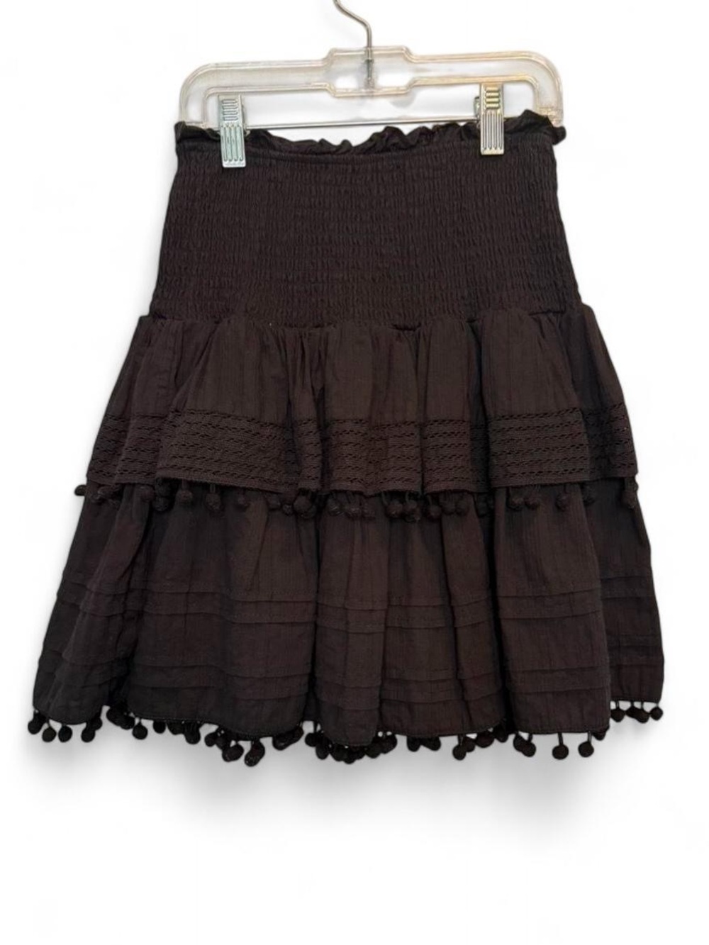 House of Harlow 1960 Black Tiered Smocked Pom Pom Mini Skirt XS 100% Cotton